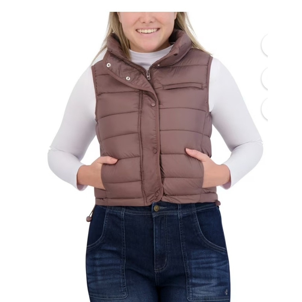 Bearpaw Outdoors Puffer Vest Womens Brown Mauve Quilted Zip Snap‎ Mock Neck